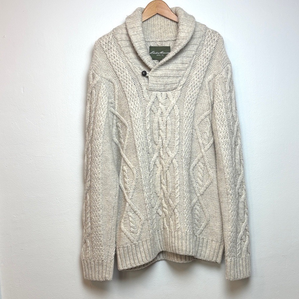 Eddie Bauer Men's Cable Knit‎ Shawl-Collar Wool Blend Sweater Beige XL